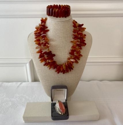 Magnificent Sterling and Stone Ring, Carnelian Stone Necklace, Stretchy Stone Bracelet