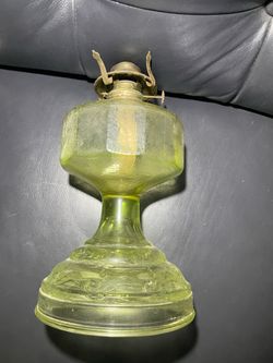 vintage green pressed glass oil lamp mid century