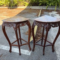 Set Of 2 Mahogany & Granite Corner Tables