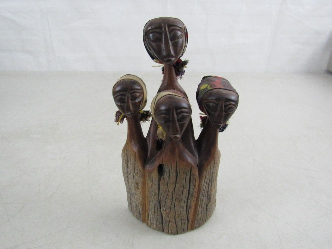African Native Tribal Women Hand Carved Folk Art Wood Sculpture 6 3/4"