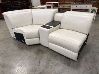 Contemporary Ivory Leather Partial Curved Power Reclining Sofa with Power Assisted Cup Holder Console
