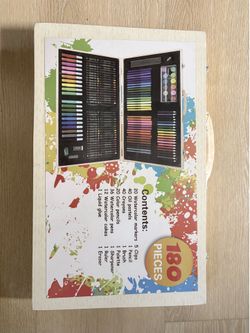 180-piece deluxe wooden art set that includes crayons, colored pencils, watercolors, and pastels