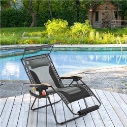 29in Outdoor Zero Gravity Chair with Sun Shade, XL Foldable Reclining Lounge Chair with Cupholder/Pillow, Oversized Reclining Lounger with Padded Seat