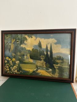 Vintage Framed Garden Landscape Print with Peacock