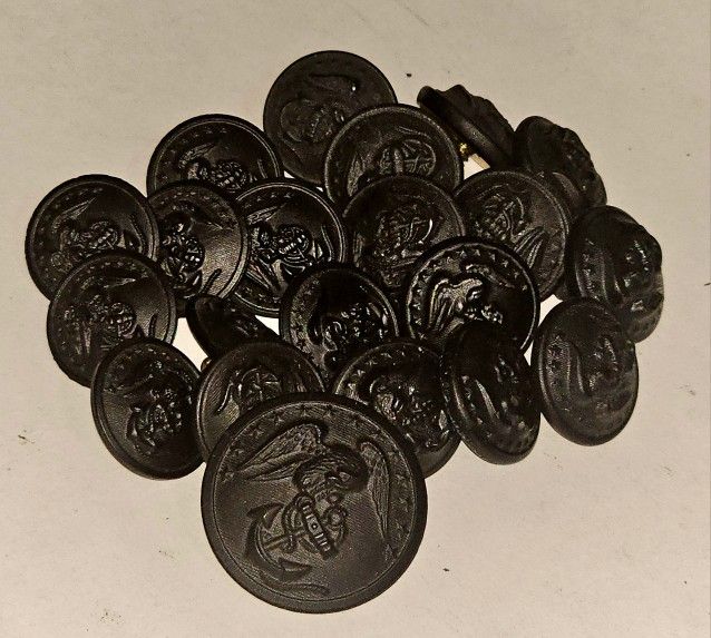 21 Vtg US Marine Corps USMC Black Buttons/screwback pins, Brass/plastic 5/8 &1in