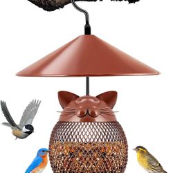 Bird Feeder, Wild Bird Feeders with Squirrel Proof Baffle and Cute Cat Cover for Outside 2LB Seeds Metal Birdfeeders Hanging Easy Cleaning and Filling
