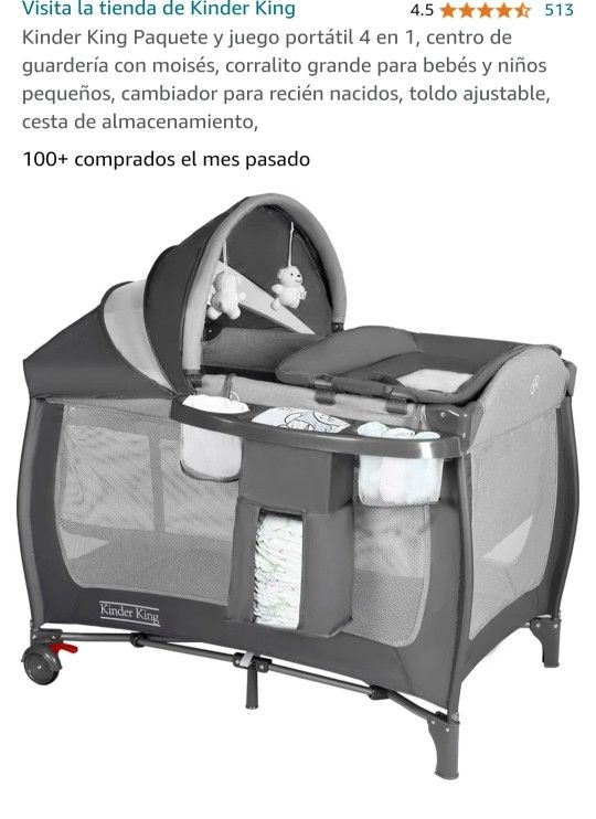 Kinder King Paquete y juego portátil 4 en 1, centro de guardería con moisés, corralito grande para bebés y niños pequeños, cambiador para recién nacid