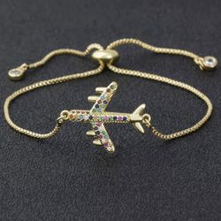 ✈️ New! Adjustable Gold Tone Airplane Bracelet, Copper w Multicolored CZ Stones w Box & Gift Bag