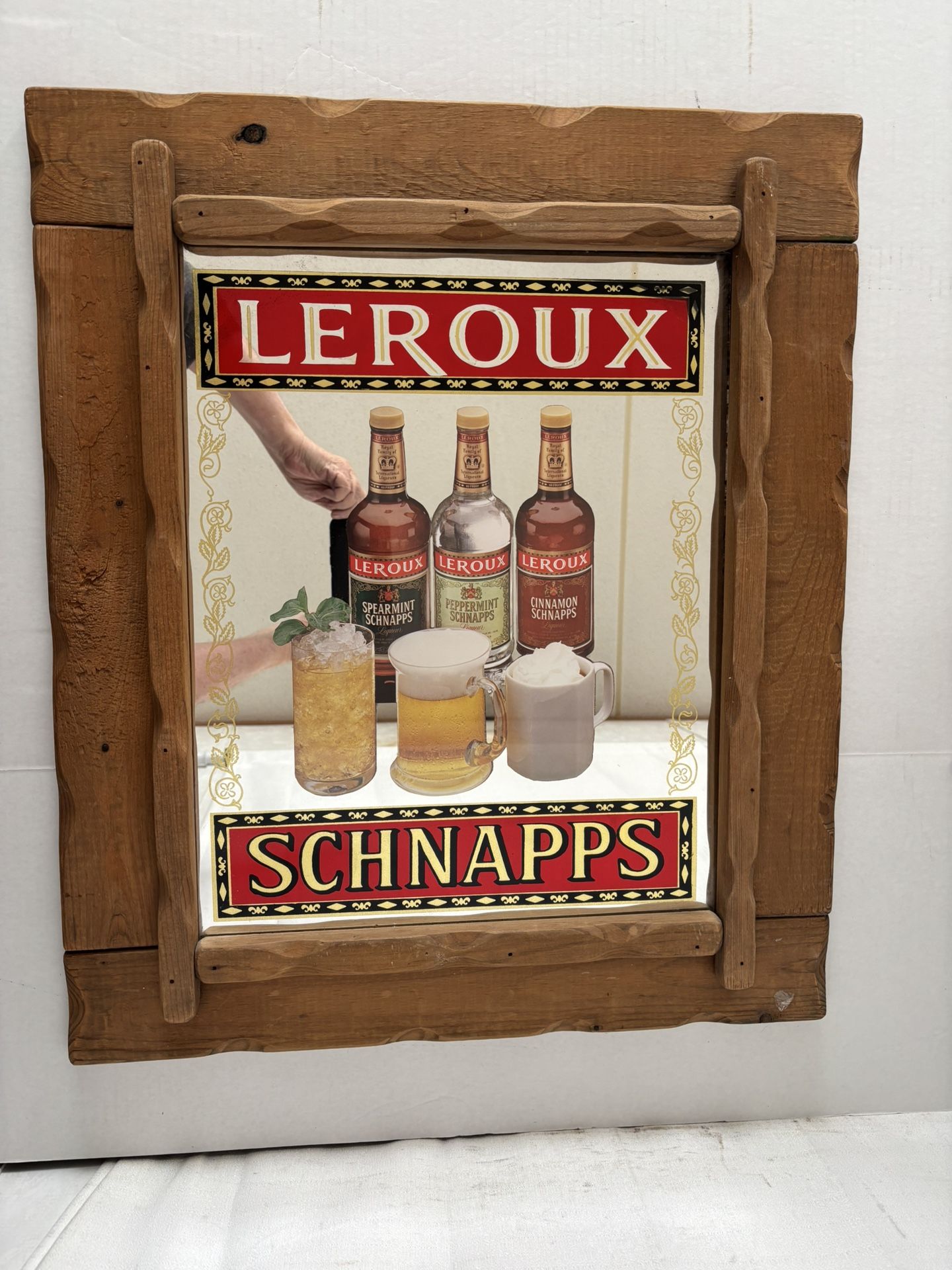 Leroux Schnapps 23" x 27" Advertising Mirror Sign in Wood Frame