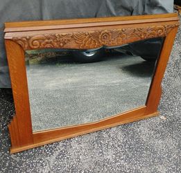 Antique Vintage Art Deco Carved Mirror Oak 1930s Dresser Buffet Vanity Desk Cabinet Sideboard 003