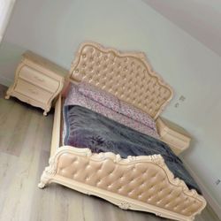California King Bed Frame With Two Side Table And A Beautiful Vanity With Led Lights