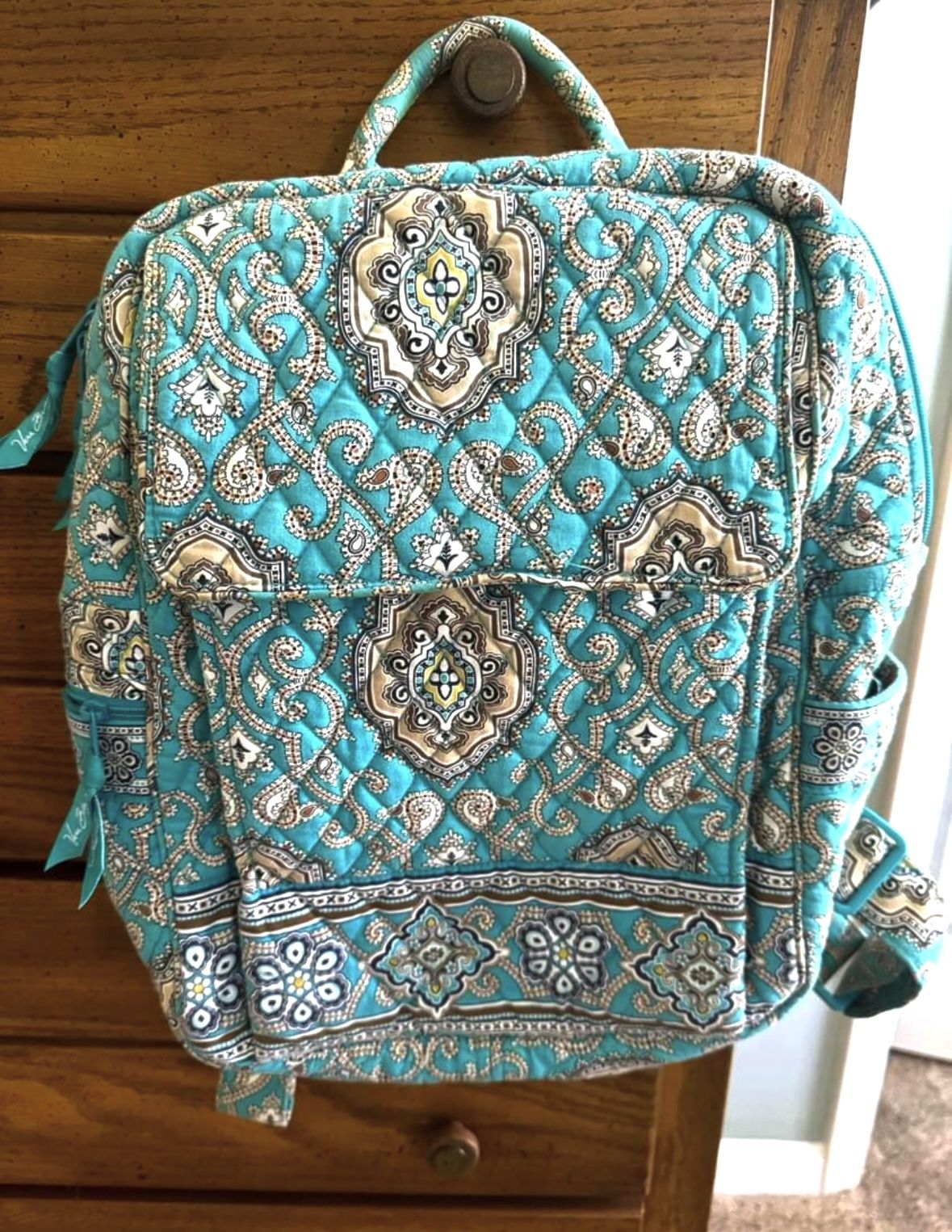 Vera Bradley quilted backpack. Brown/Turquois pattern. Appx 13”x 12”. Gently Used. See more below!