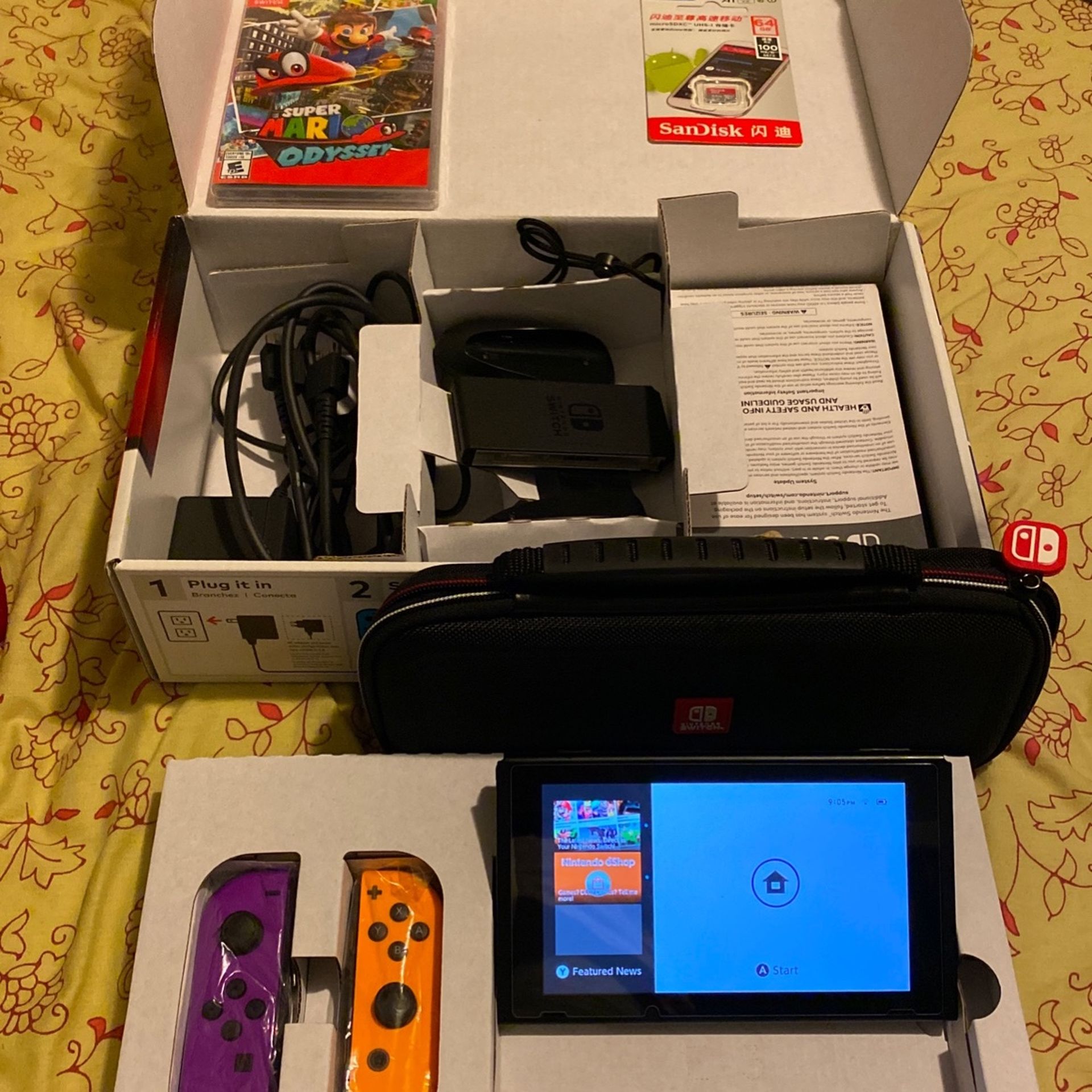 Nintendo Switch V2 with Mario Odyssey, 64 GB SD Card And Original Case And Screen Protector