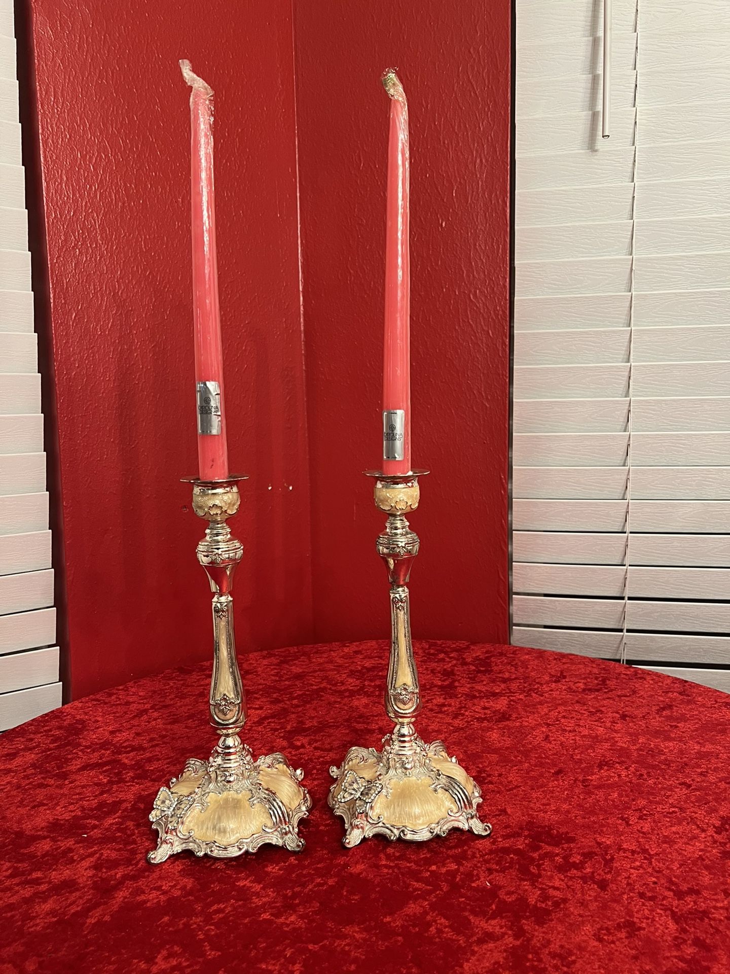 Vintage Silver & Gold Georgian Candle Sticks With  Mother Of Pearl  Base 11” X6 1/2