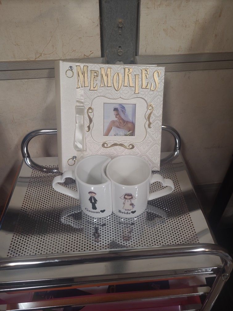 Gorgeous bridal shower gift- photo album and Bride and Groom mugs with heart shaped handles