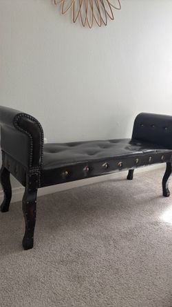 Tufted Black Faux Leather Bench with Arms