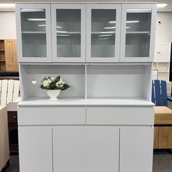75" x 55" Kitchen Pantry Storage Cabinet with Glass Doors and Drawers, Wide Cabinet Hutch with Microwave Stand Coffee Bar, Food Pantry with Hutch Adju