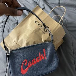 coach graphic red words denim purse