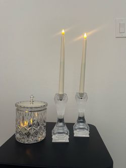 Pair of Crystal Glass Candlestick Holders & Crystal Vessle
