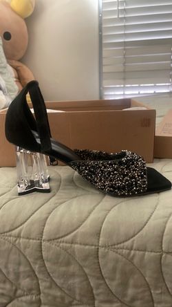 Black Crystal Embellished Clear Block Heel Pumps