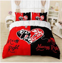 Mr. Right Mrs. Always Right Duvet Cover Set Red and black split design with a large heart graphic containing the word 'Love' and the phrases 'Mr. Righ