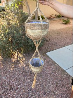 Boho macrame 2 tier hanging plant holder with 2 natural woven potted plant baskets