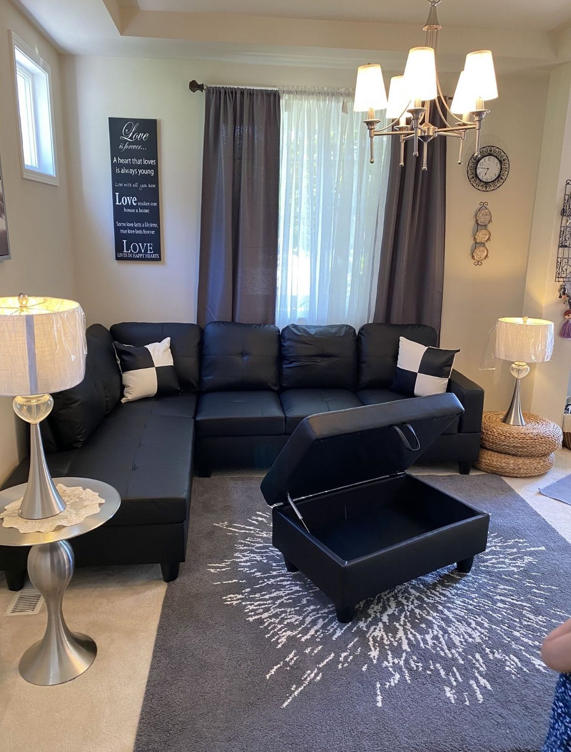 New Black Leather Sectional Sofa Couch With Storage Ottoman And Pillows
