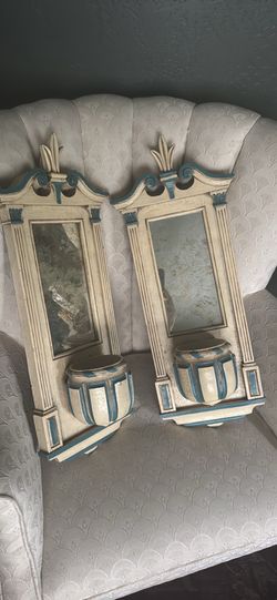 2 piece vintage wood candle holders with mirrors