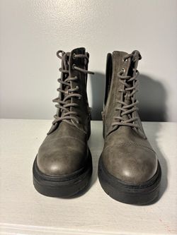 Gray Lace-Up Combat Boots with Side Zipper