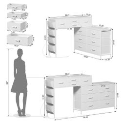 😀 Dresser for Bedroom with Charging Station and LED Light, 67" Rotatable Vanity Desk with Side Pockets, Makeup Table with 10 Fabric Drawers,