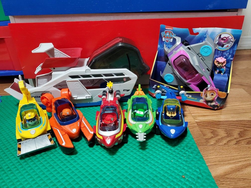 GREAT SET!  PAW Patrol Whale Patroller & ALL 6 Aqua Pups Transforming Vehicles