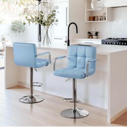 Bar Stools Set of 2, PU Leather Adjustable Swivel Barstools, Hydraulic Kitchen Counter Height Chairs with Armrest and Back for Kitchen, Dining Room, B