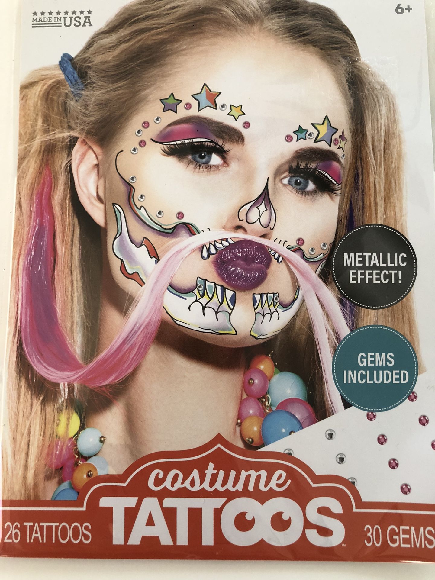 Metallic Rainbow and Stars Glam Skull Costume Face Tattoos With 30 Gems.