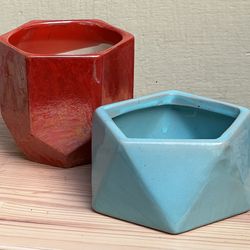 Small Indoor Geometric Shiny Pair Of Planters Flower Pot