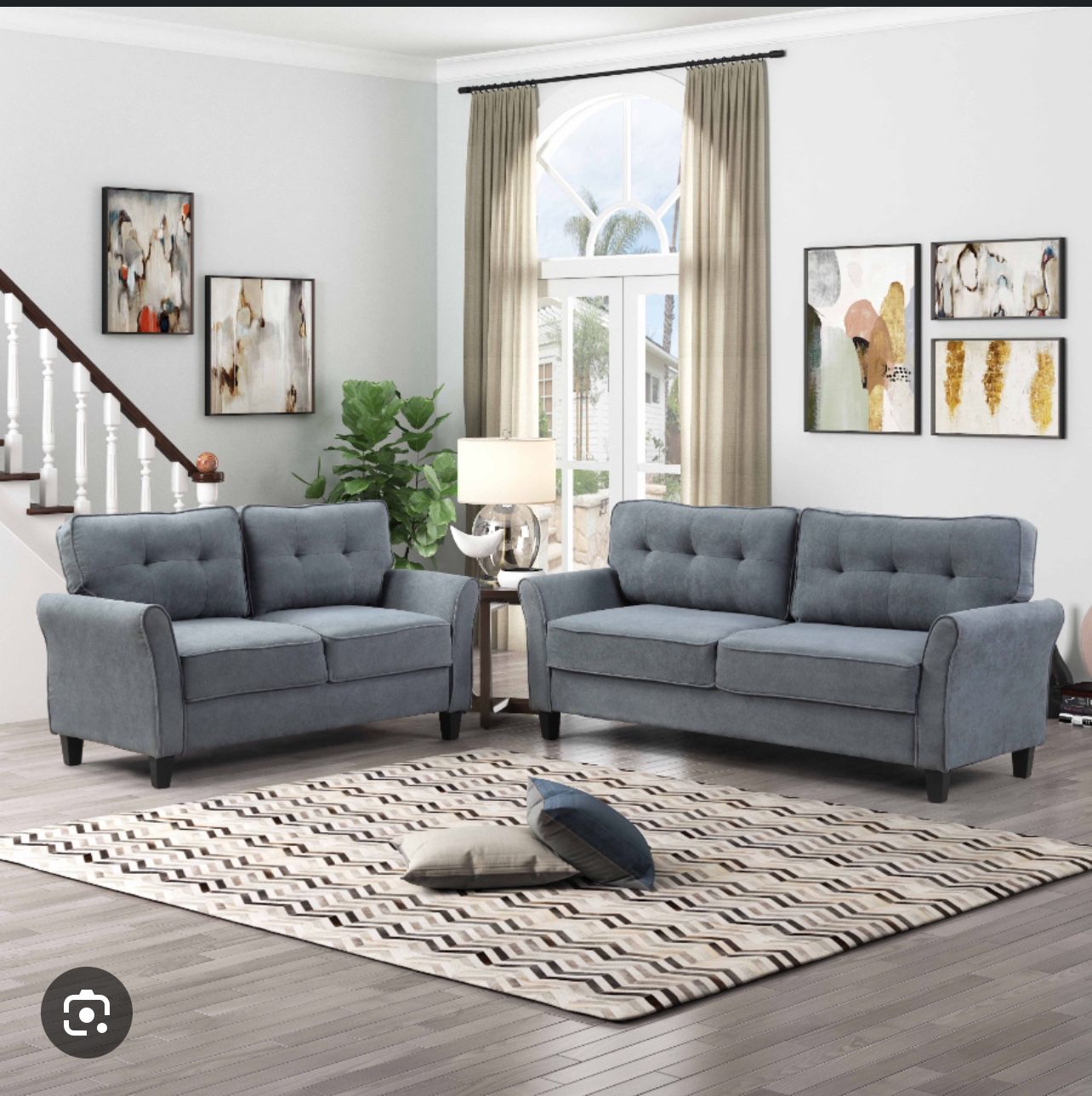 2 Pc Light Gray Polyester Tufted Back Sofa Set