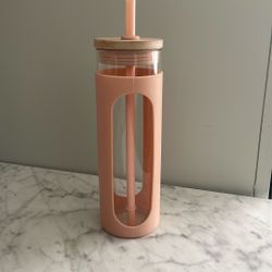 Glass Bottle w/pink Silicone, Lid And Straw