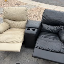 2 leather recliners with console