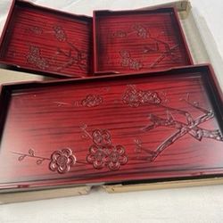  New but. Vintage, Firm, LACQUER WARE Nesting Trays, Black Red with Striped Design with plant limb and flowers, 3pc MELAMINE  
