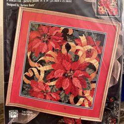 Vtg Bucilla POINSETTIA Needlepoint Kit Christmas Ribbons Flowers 14"x14" NEW