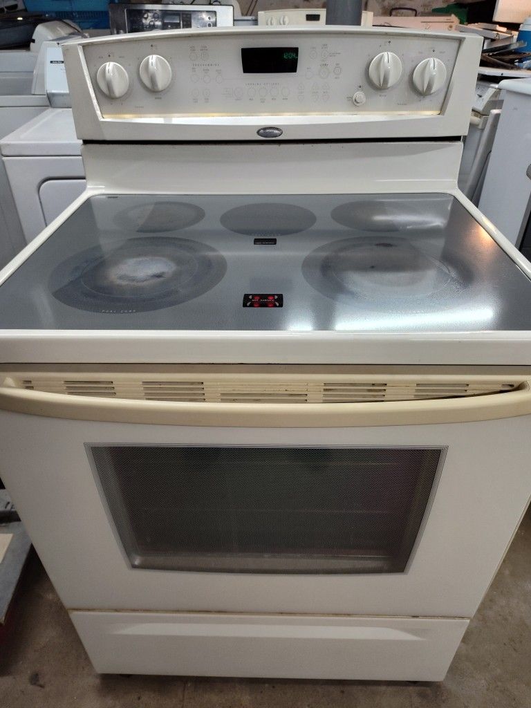 WHIRLPOOL SELF CLEANING OVEN 5 ELEMENTS GLASS TOP 220V ELECTRIC STOVE IN BEIGE