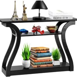Wood Console Table 3 Tier Narrow Entryway Table with Curved Frame and 2 Open Storage Shelves Accent Sofa Table for Hallway Living Room Bedroom, 47 in