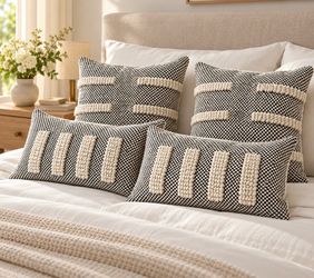 Set of 4 Black & Cream Textured Wool Throw Surya Pillows – Feather Filled