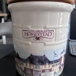 Longaberger Homestead Pottery Crock w/ Wooden Lid – USA – Farmhouse Kitchen Decor