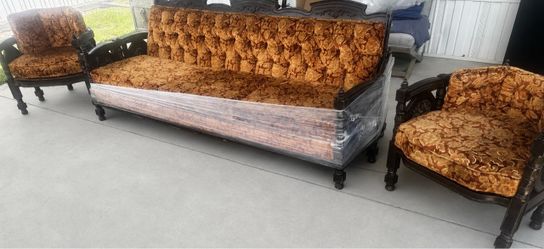Carved Wood Sofa Set with Two Armchairs