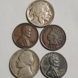Antique U.S Coins - Five Cents , One Cent , Indian , Wheat Cent , Buffalo Nickel