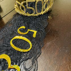 50 And Fabulous Gold Bling Tiara And Black Lace Sash