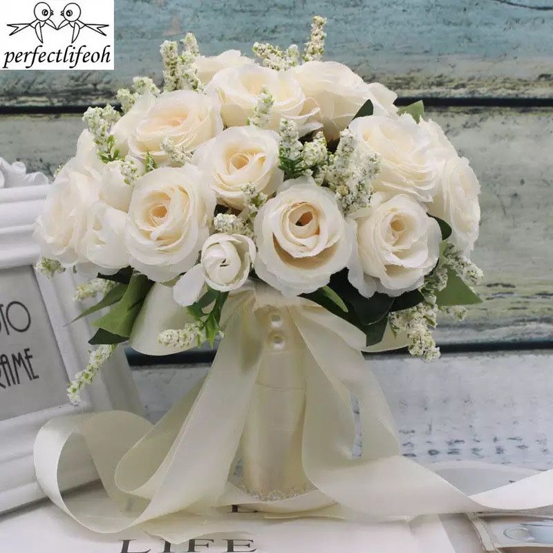 Holding Flowers Artificial Natural Rose Wedding Bouquet with Silk Satin Ribbon Pink White Champagne Bridesmaid Bridal Party Color: white Message me if