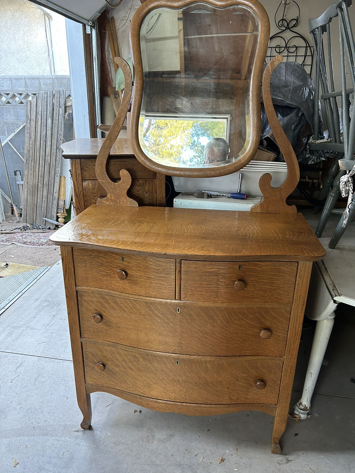 Antique 4 Drawer Tiger Oak Dresser In Original Mint Condition With Tilt Mirror