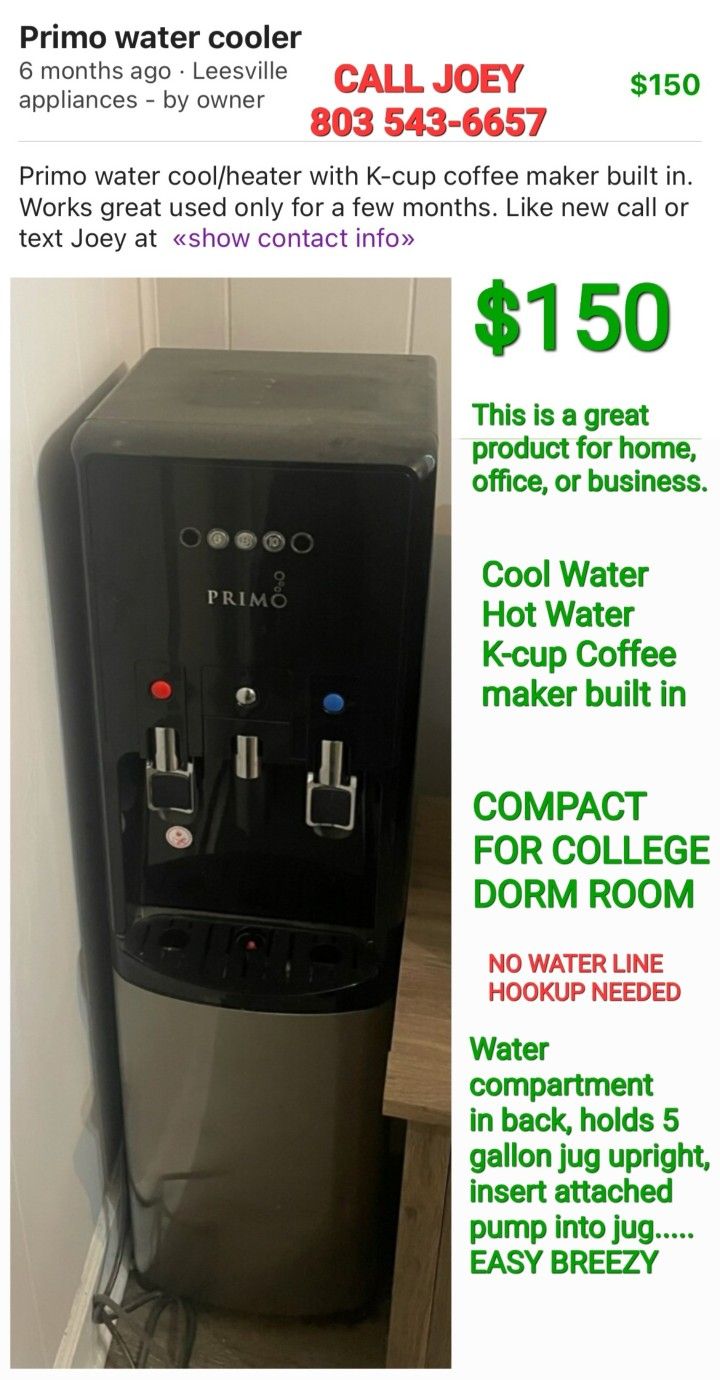 PRIMO COOL/HOT WATER COOLER w/ K-cup Built In