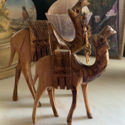 Set of 2 Wooden Handcarved Camels